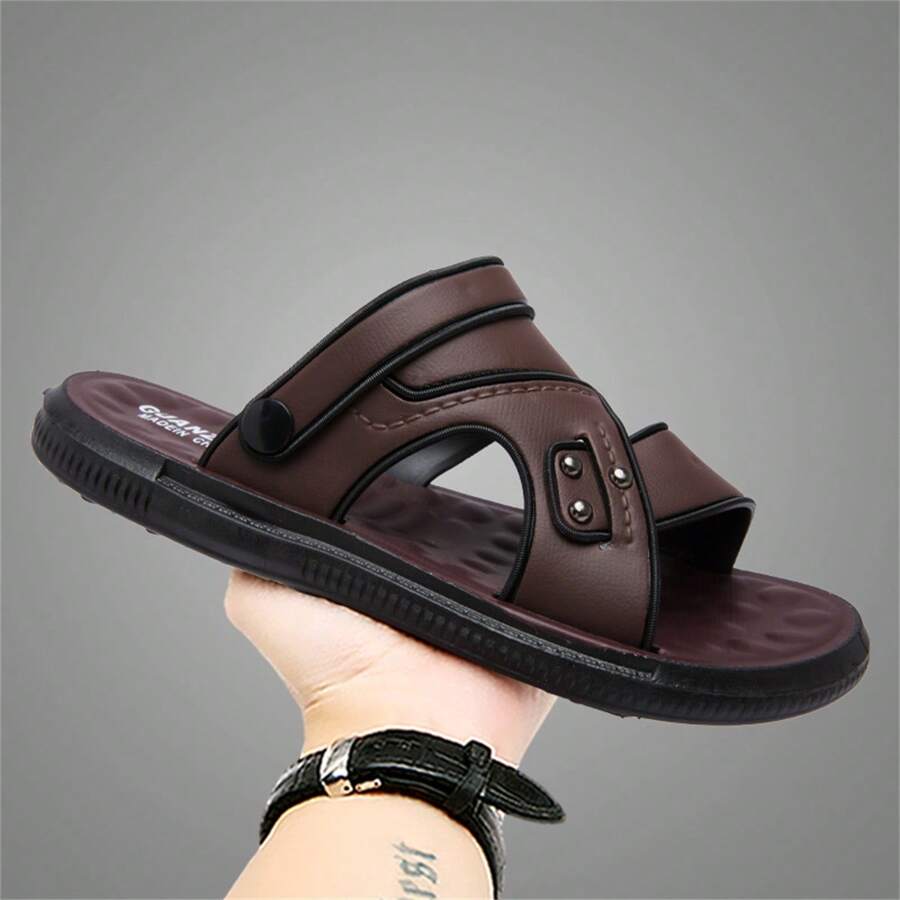 Men's Fashion PU Peep Toe Sandals With Hollow Design, Non-Slip, Breathable, Comfortable Outdoor Beach Shoes