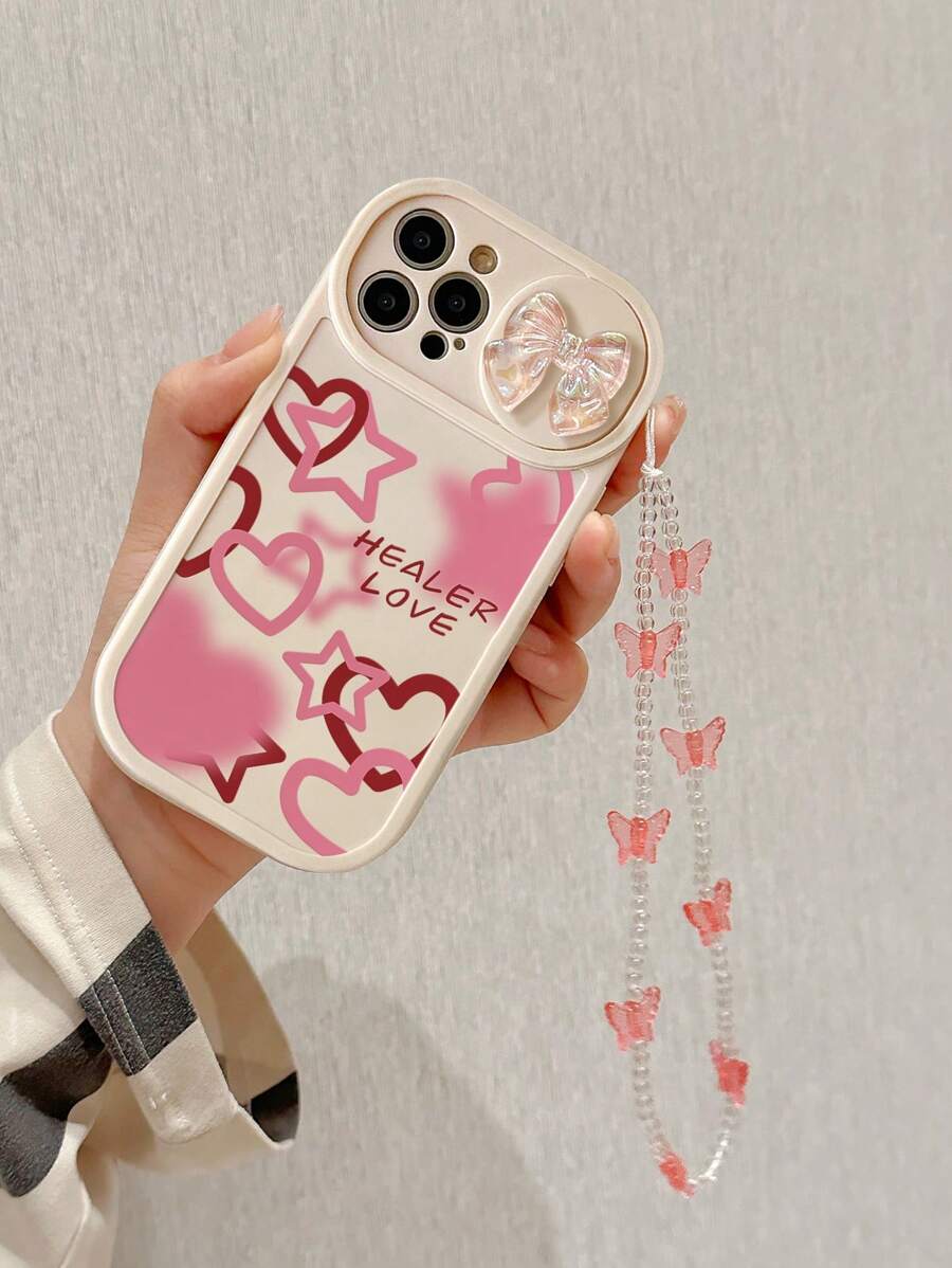 Colorful Butterfly Chain Decorated Heart Printed Anti-Drop Phone Case, Compatible With IPhone 15/10/14/Xr/7/8/Iphone 15 Pro Max/13/14/11/12
