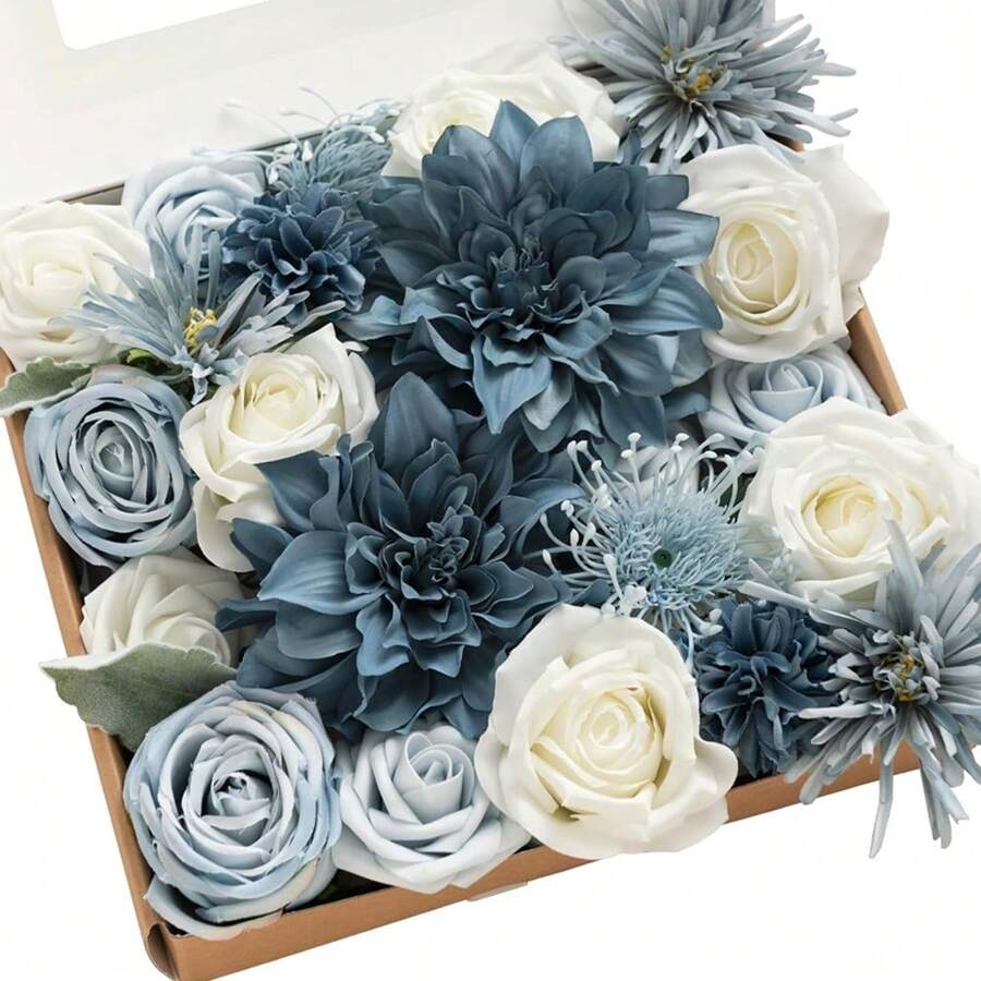 AUSOGO 24pcs/Set Blue And White Artificial Silk Dahlia Flower Set For Diy Wedding Bouquets, Bridal Gifts, Event & Party Decorations, Home Decor, Table Centerpieces, And Holiday Gifts For Valentine's Day, Birthday, And Mother's Day, Valentine Day, Gift Graduation