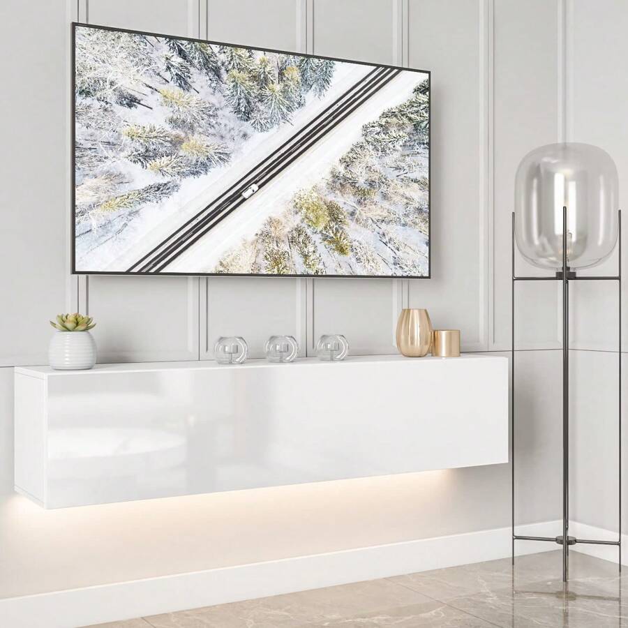 JOYSOURCE Floating TV Stand With LED For 60 65 70in TV, Glossy Wall Mounted Modern Entertainment Center With Storage, White