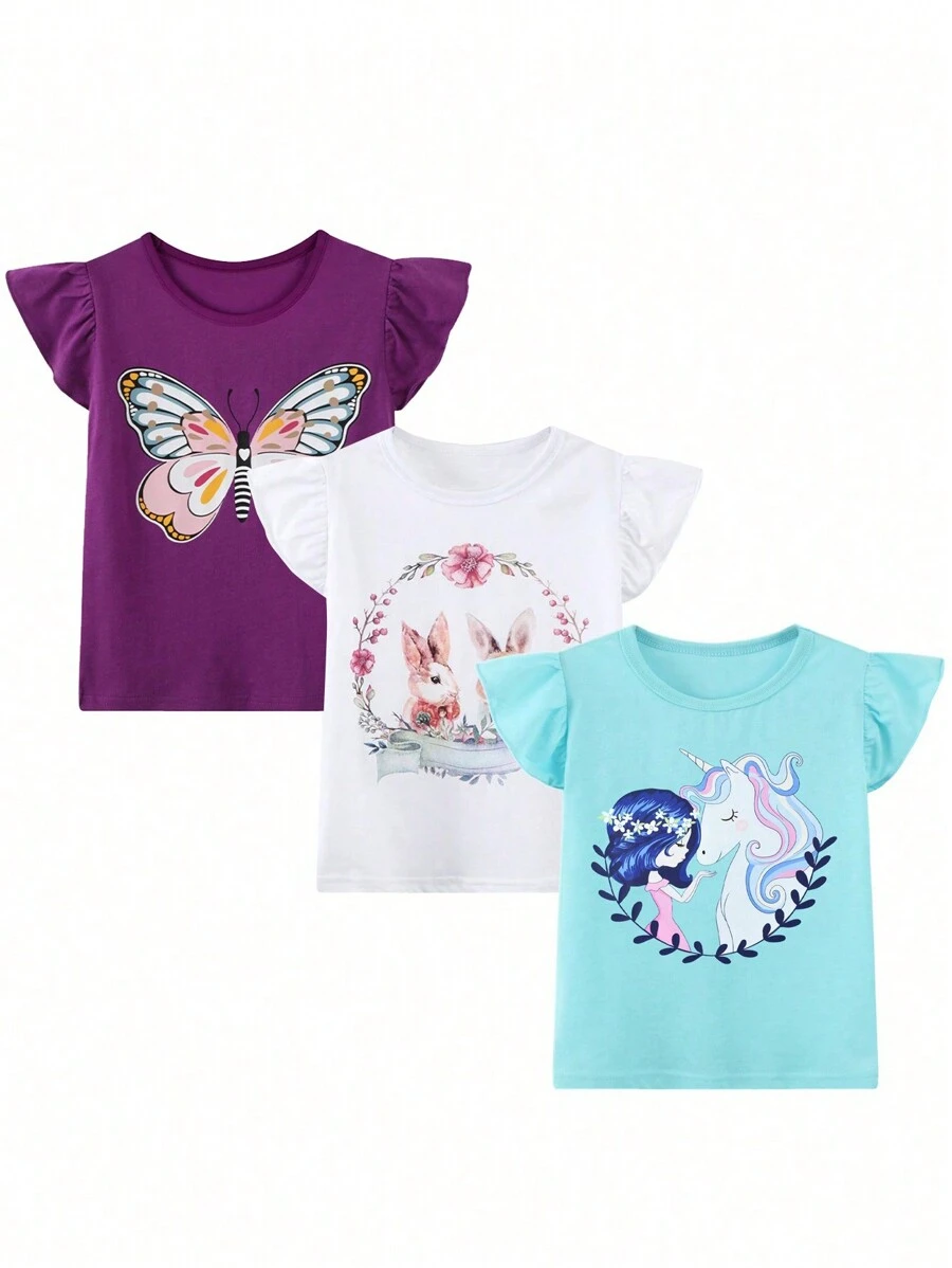 3 pièces T-shirt à manches courtes Cap des jeunes filles pour Pâques, haut imprimé de lapin dessin animé rond col animal, t-shirt décontracté respirant et confortable