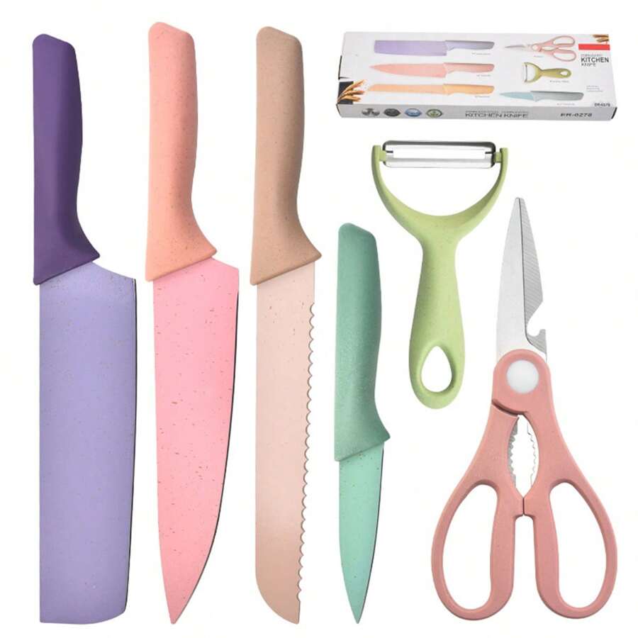 Ensemble de 6 pièces Macaron Couleur Paille de blé Six pièces Ensemble d'outils de coupe Ensemble de couteaux ménagers en acier inoxydable Coffret cadeau de jeu de couteaux de cuisine