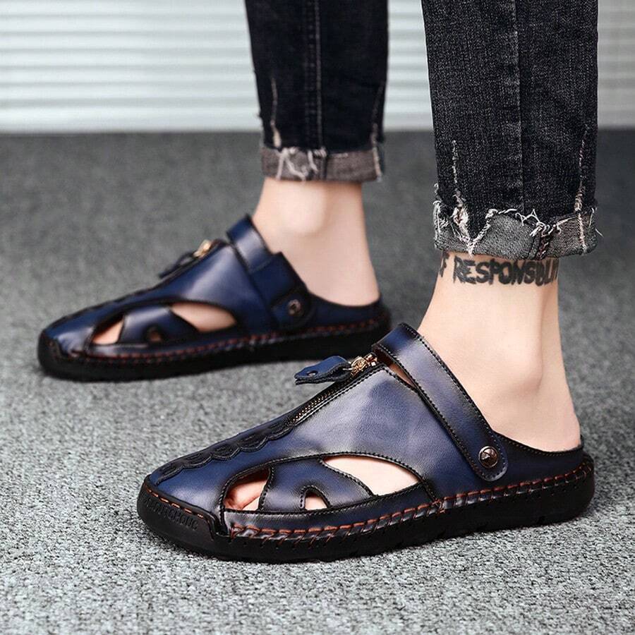 Men's Casual Leather Sandals Hand-Stitched Outdoor Business Casual Shoes, Summer Slip-On Dual-Use Fashion Shoes