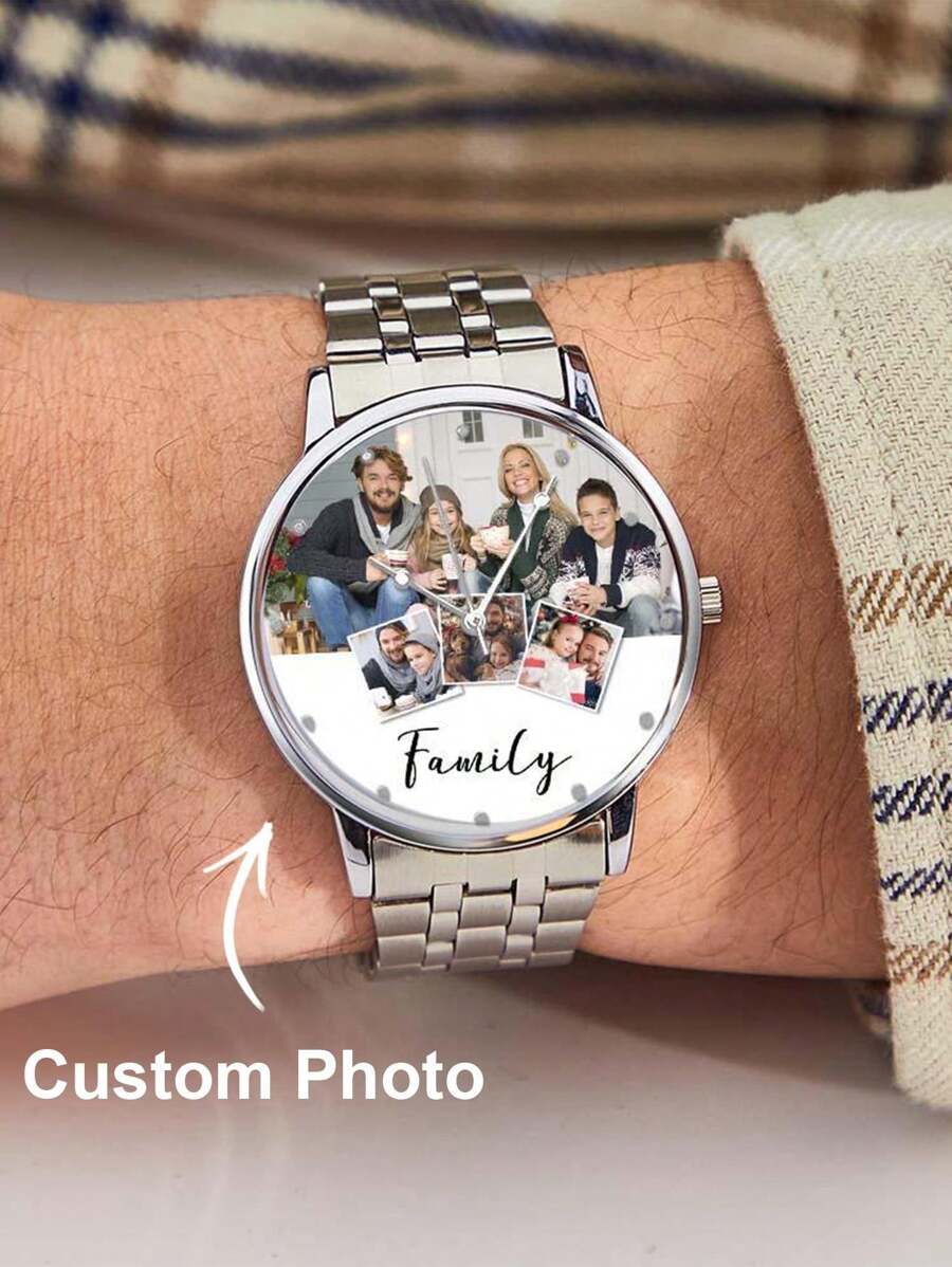 1pc Custom Photo Watch Engraved Men's Alloy Bracelet Photo Watch For My Family To Boyfriend Valentine's Day Gifts For Men Members Gift For Him, Boyfriend, Husband, Ideal For Valentine's Day, Birthdays, Anniversaries, Graduation, Weddings, Father's Day