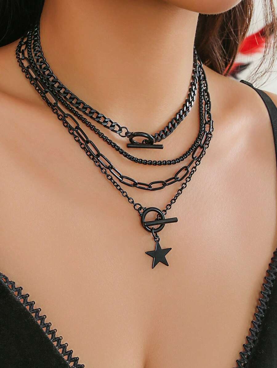 4pcs/Set Vintage Simple Flat Snake Chain Alloy Pendant Necklace With Lobster Clasp, Adjustable Stacking Necklaces, Wear It Daily Or As Festival Gift