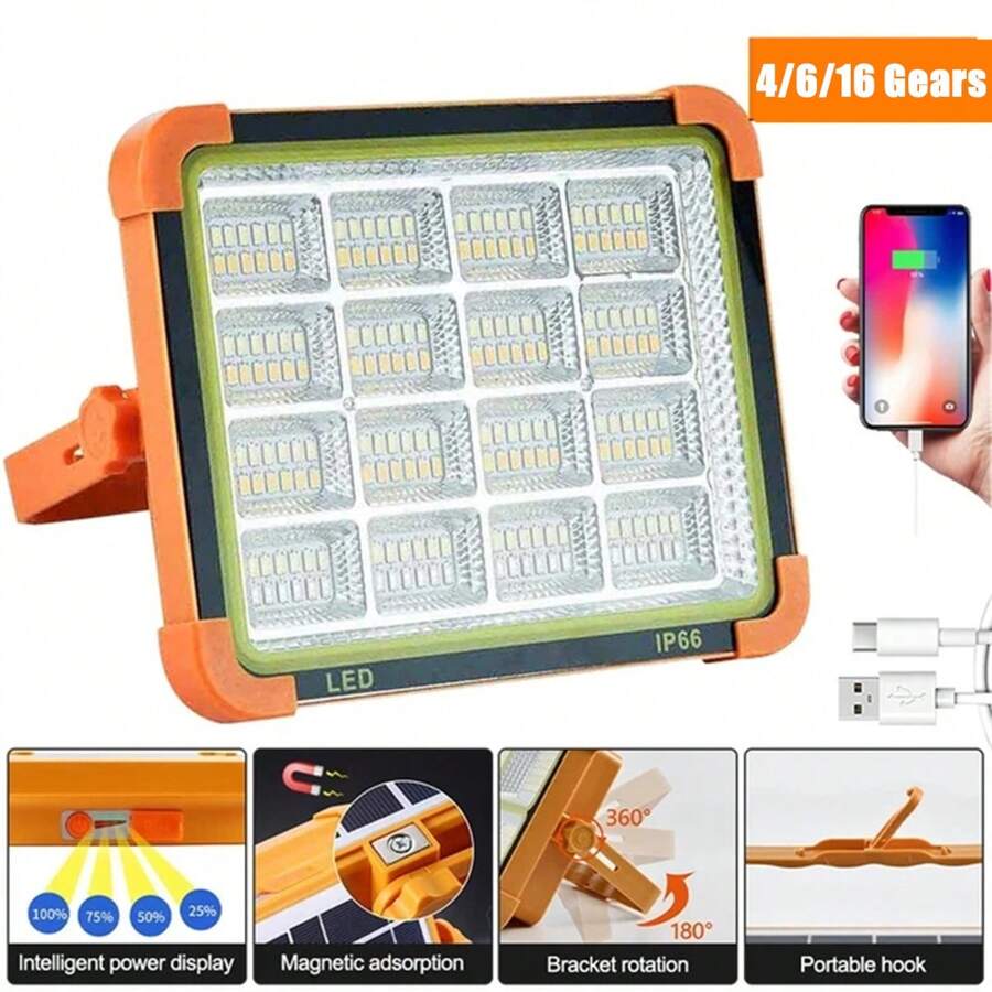 1pc Rechargeable Led Work Solar Light, Portable Ultra Bright Floodlight, Ip65 Waterproof Cordless Light, Floor Standing, For Power Outage Emergency Work Light/Outdoor Camping/Fishing(4/6/16Gears)
