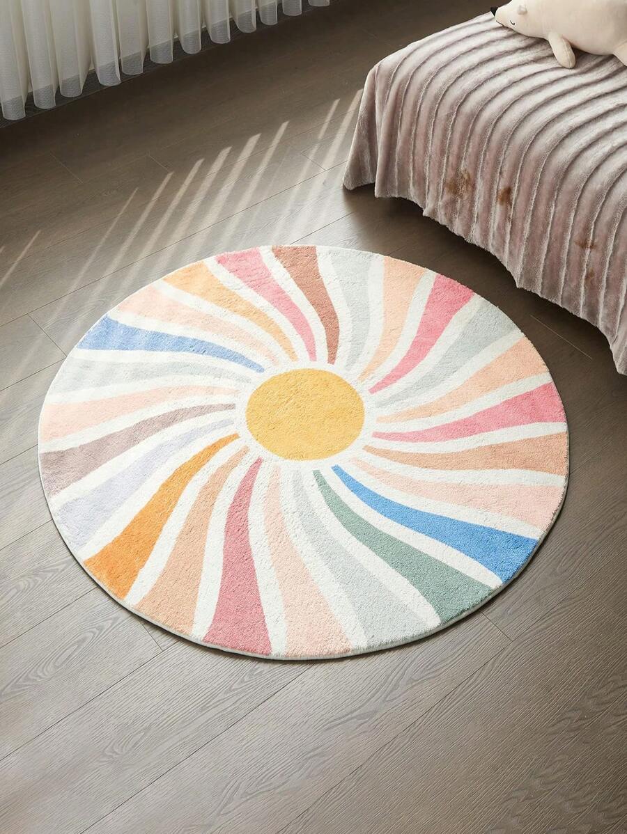 1 Stück Sonne Regenbogen Faux Cashmere bedruckter runder Teppich, bunter Bohemian Kinder Teppich, super weich, waschbar, für Schlafzimmer, Kinderzimmer, Bürostuhlmatte, Raumdekoration