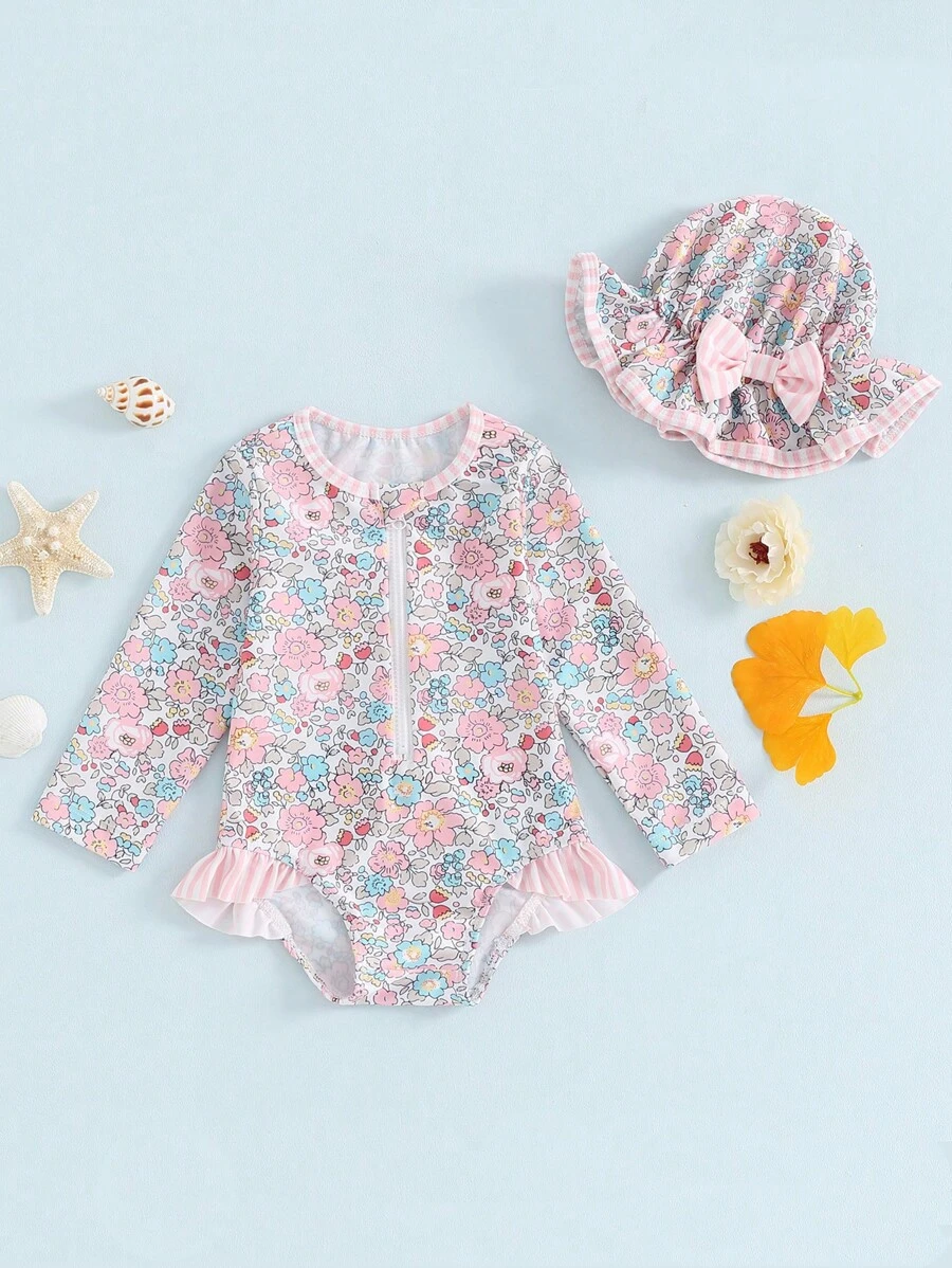 Ensemble de maillot de bain anti-éruptions cutanées pour bébé fille à manches longues avec imprimé floral, maillot de bain pour bébé avec chapeau de soleil et nœud papillon, 2 pièces