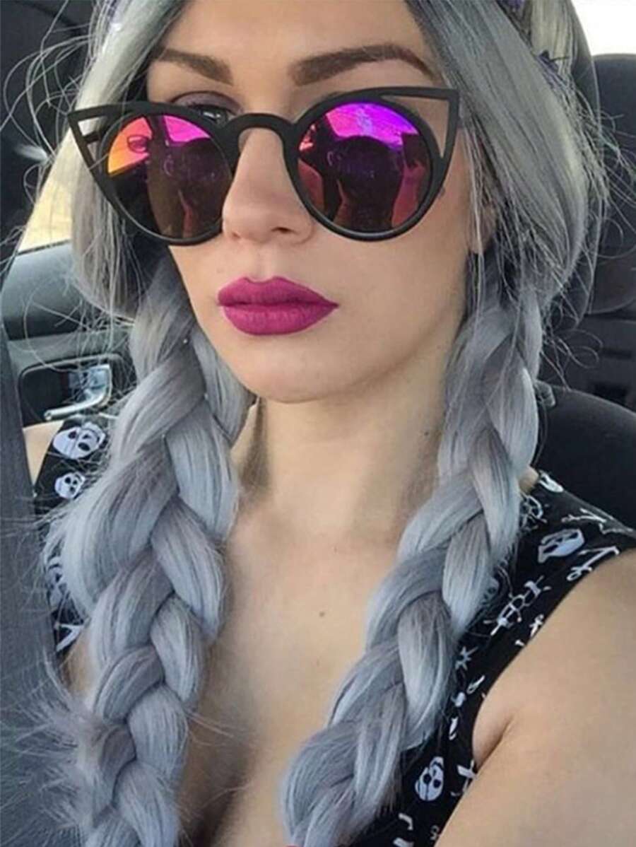 1 pereche ochelari de soare rotunzi cu ochi de pisică pentru femei, cu decupaj metalic, lentile cu oglindă flash, ochelari de soare vintage cu gradient, ochelari de soare punk, ochelari pentru condus, petrecere, cosplay și club, accesorii pentru costume de Halloween, elemente de bază pentru toamnă și iarnă, ținute de afaceri, cadouri casual pentru vară, vacanță la plajă, în aer liber, călătorii