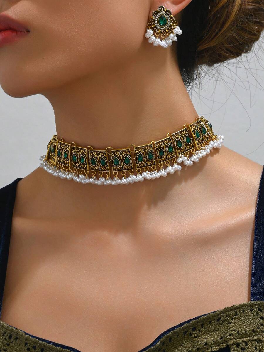 1 pieza Conjunto de collar con colgante de lágrima de estilo retro con strass y perlas y 1 pieza de aretes a juego con colgante de lágrima y estrás para mujer