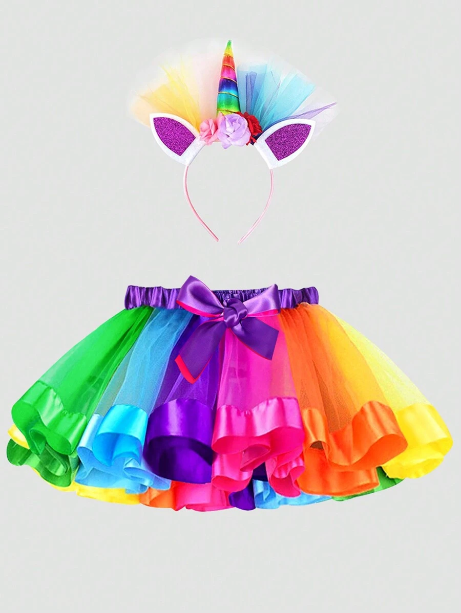 Conjunto de falda de tul arcoiris y diadema de unicornio de colores para niña joven