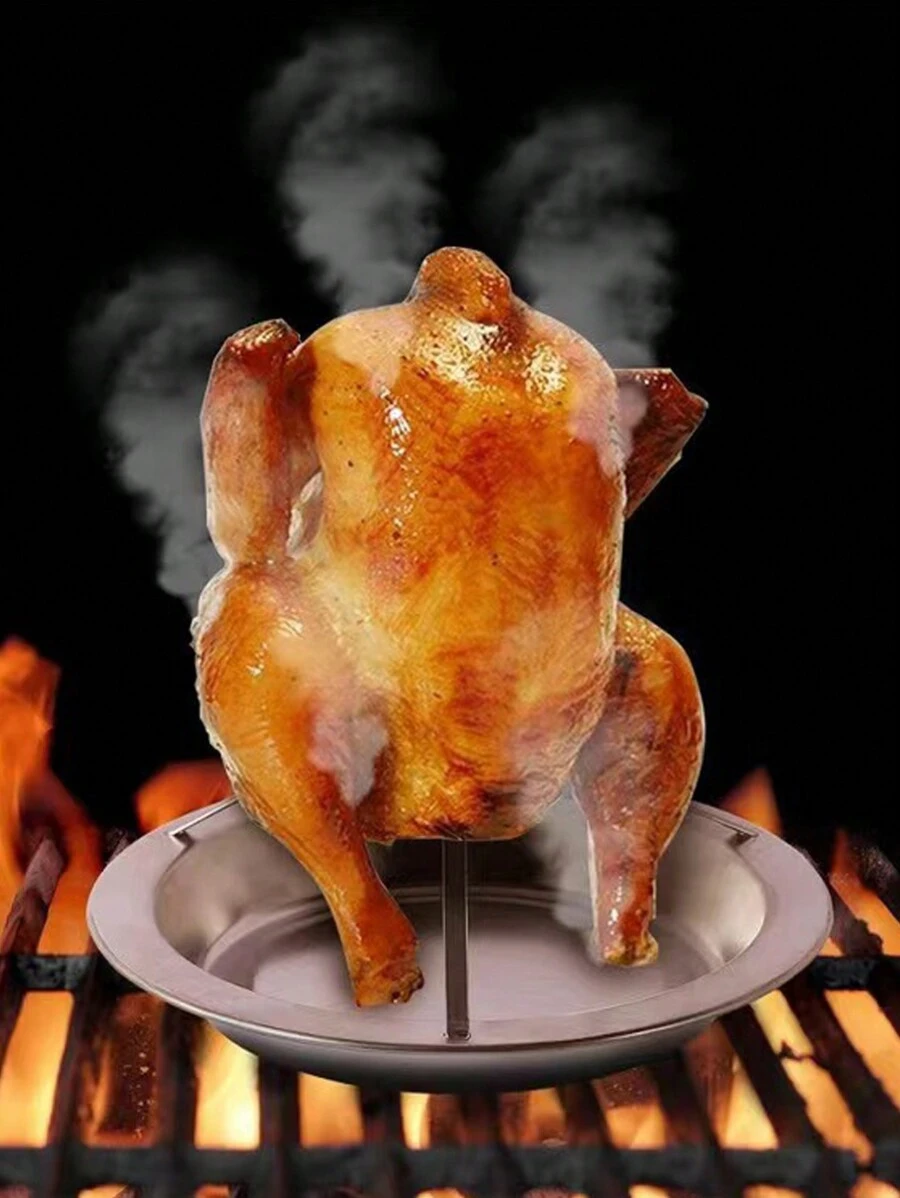 1 pièce de support à poulet, poêle pour griller le poulet au charbon de bois, fond antiadhésif épaissi, support à brochettes pliable et amovible avec 1 pièce de pinceau à badigeonner en silicone de couleur aléatoire, convient pour les réunions de famille, les barbecues en plein air, les rassemblements d'entreprise