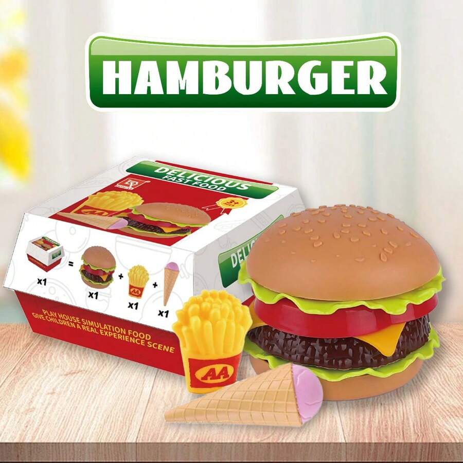 3-teiliges Spielzeug-Set für Kinder, abnehmbarer Burger, Pommes Frites und Eiscreme für die Rollenspiel-Küche mit Geschenkbox