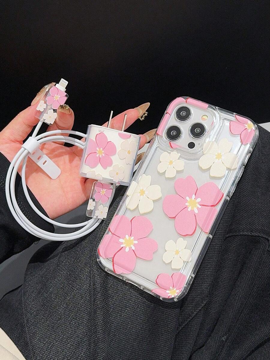 Funda de teléfono con tema de globos rosas con diseño de dos colores + Protector de cable cargador + Funda anticorrosión para cable