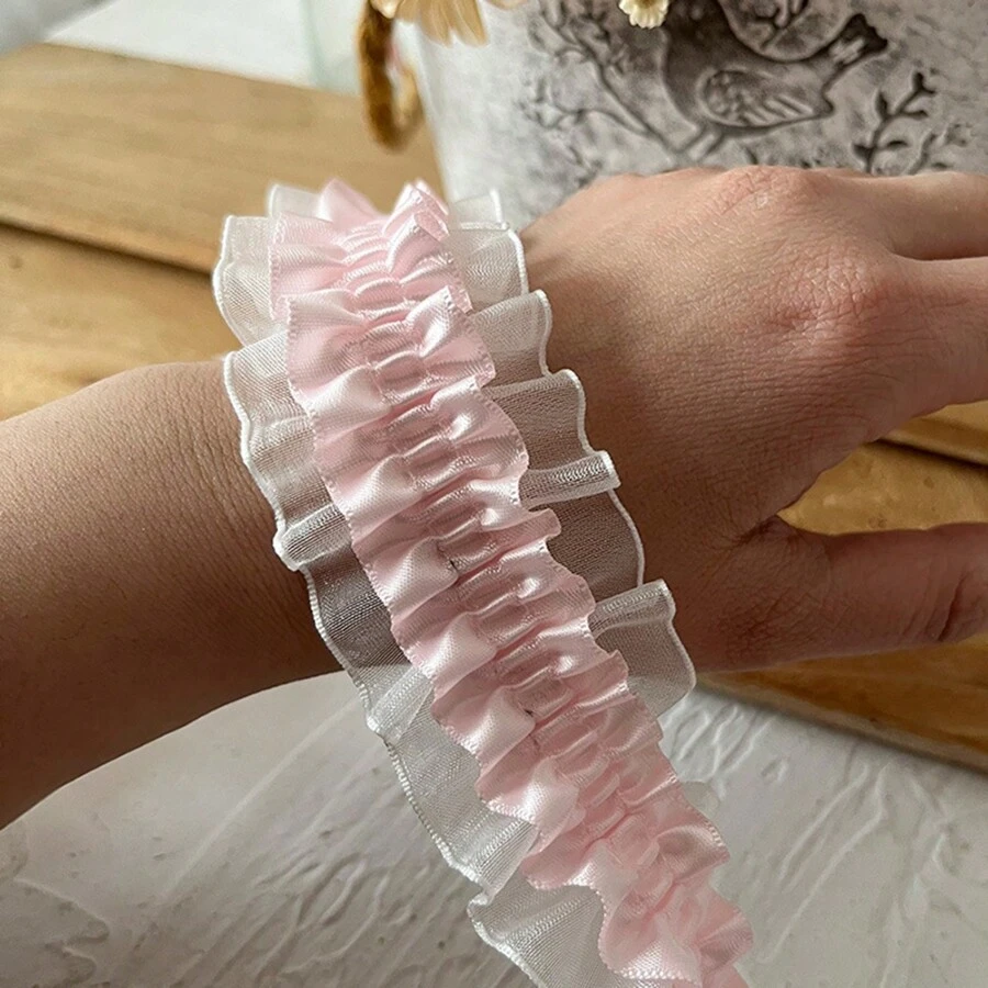 1pc 39.37inch/100cm DIY Handmade Decoration Accessory Material Elastic Band Double Layer Pink Elastic Lace Ruffled Ribbon Clothing Accessory Floral Lace Trim For Home Holiday Flower Bouquet Decoration