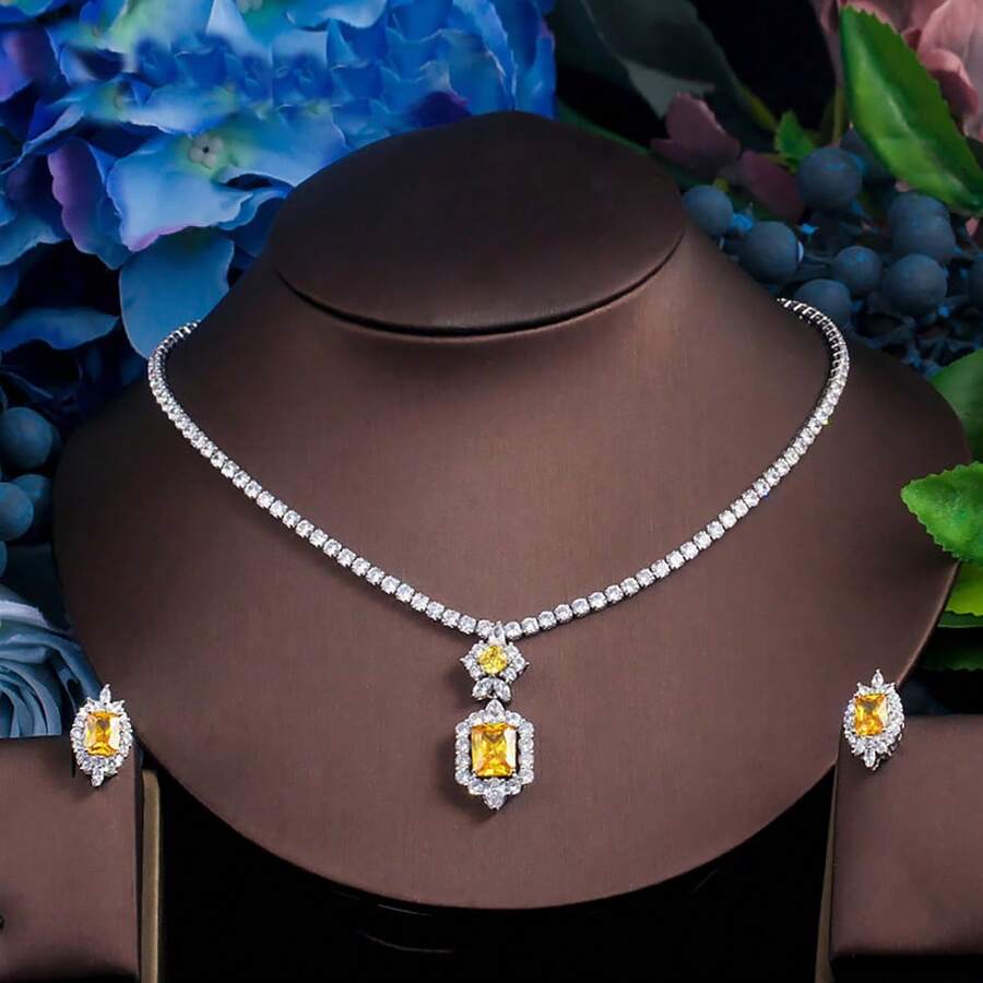 SEQUITO Ensemble De Bijoux De Mariage En Cube Aaa De Coupe Princesse À Pavé De Luxe De 2 Pièces Avec Pendentif Carré, Collier Ras-du-cou Et Boucles D'oreilles Pour Accessoires De Robe