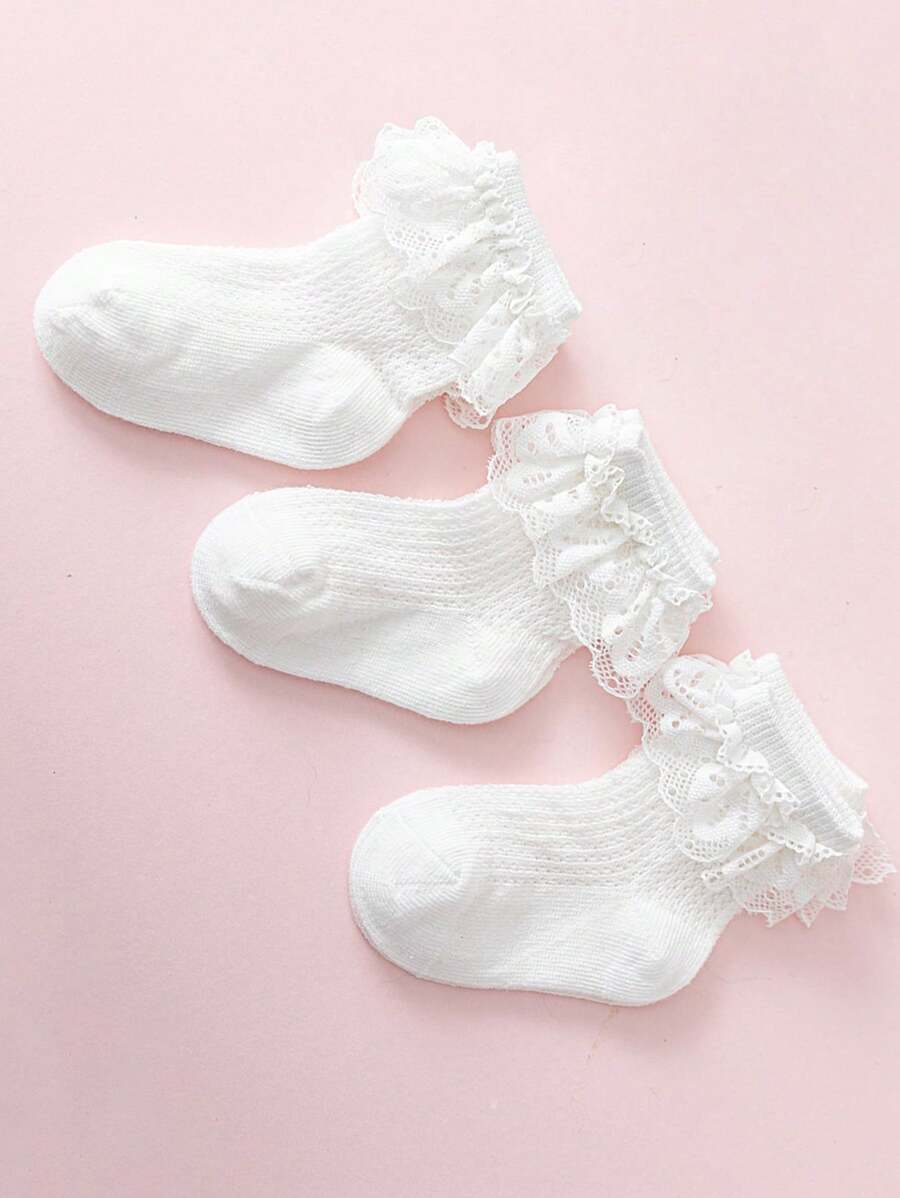 3 pares/paquete Calcetines estilo princesa encaje blanco malla transpirable con con patrón floral para uso diario