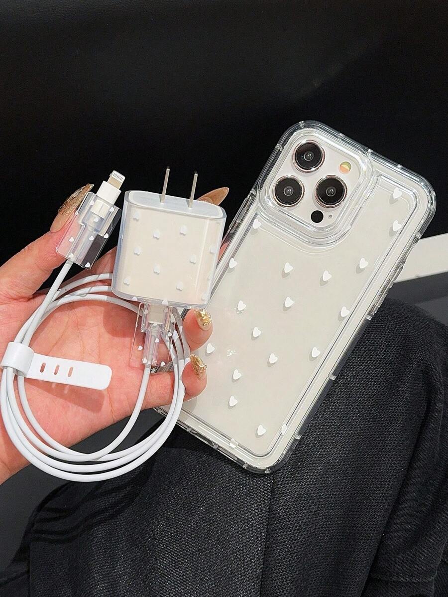Full-Screen White Heart-Shaped Airbag Compatible With IPhone Protective Case + Charger Protective Cover, Anti-Break/Bite Line Organizer Cable Protector, Charger Protector