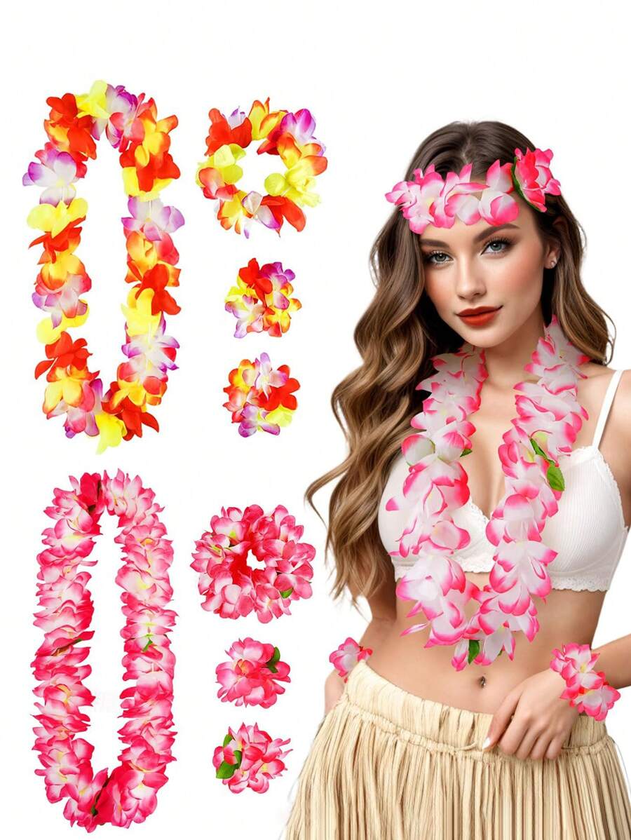 4 PC/Set Summer Boho Hippie Cute Pink Hawaii Flower Leis Women Men Tropical Floral Leis Crown Hawaiian Luaus Party Surfer Hairpin Flower Garland Hairbands Bracelet Set Suitable For Men Women Headband Beach Pool Birthday Parties Decorations Party Favors Music Festival Party, Beach Vacation,Wedding Party,Graduation Celebration ,Hair Accessoires