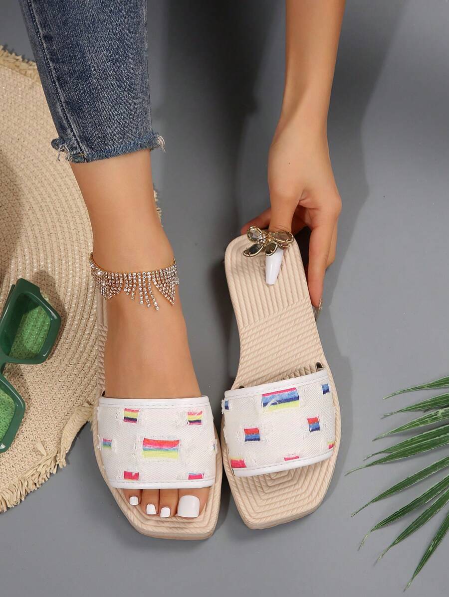 Ladies" White Canvas Color Block Foam Sole Comfortable Flat Sandals With Holiday Style