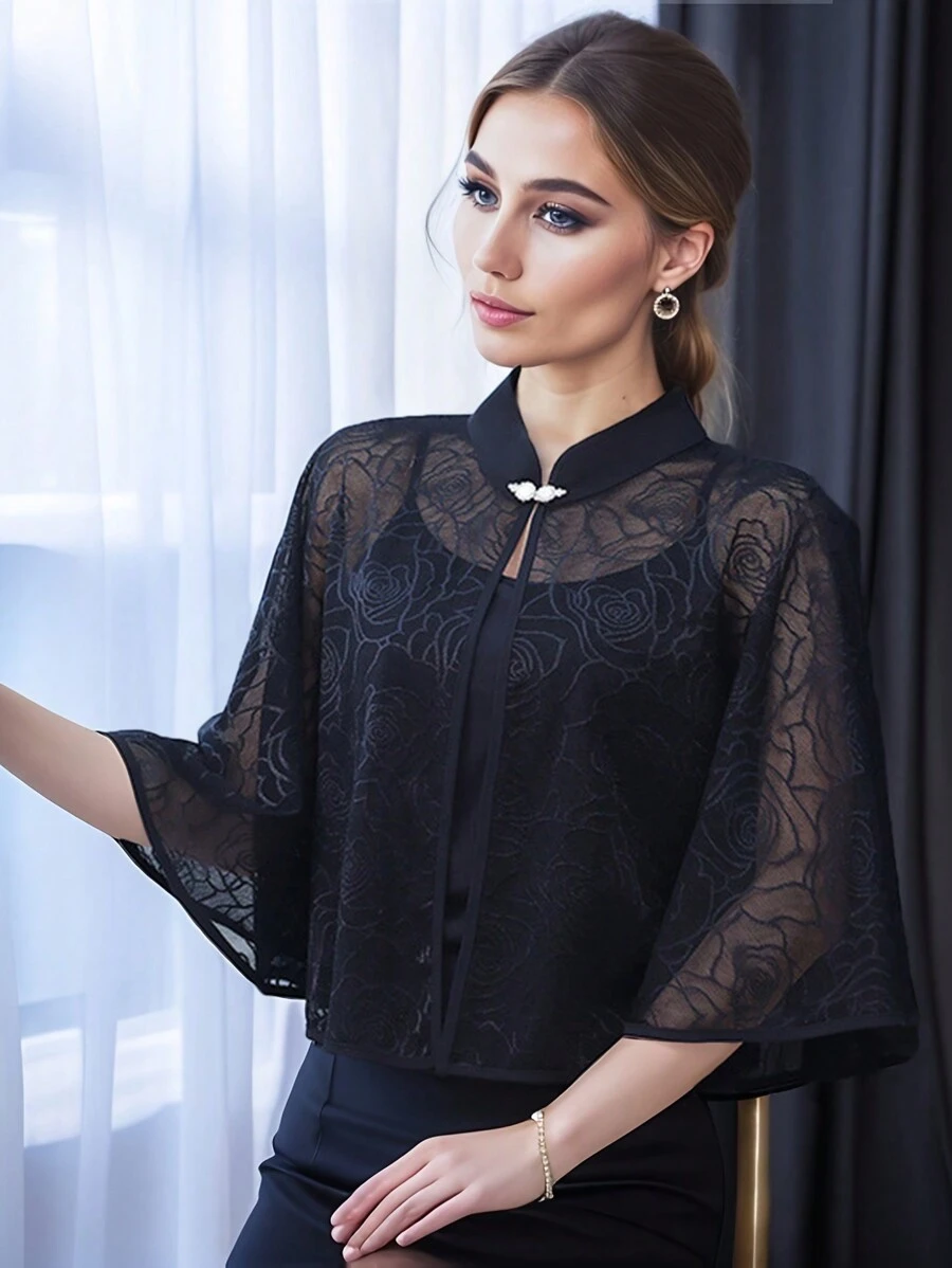 1 pieza Chal elegante de mujer con botón de perla falsa, patrón floral y calado, negro, perfecto para una cita o fiesta de noche y complementa con un vestido camiseta, Día de San Valentín