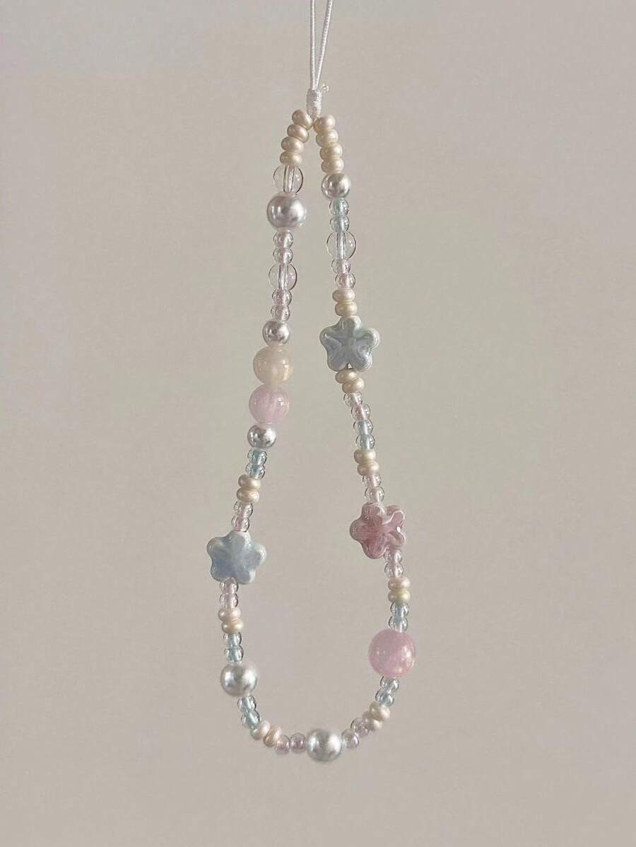 Sangle d'appareil photo en céramique bleue/rose sakura adorable pour accessoire de chaîne de perles de téléphone DIY. Décoration pendentif de style frais, cadeau pour mère, famille, amis, anniversaire, vacances, charm de téléphone