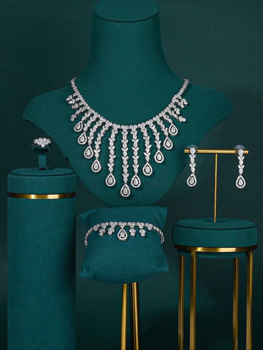 4pcs/Set Luxury Banquet Saudi Arabian Bride Wedding Necklace Bracelet Earrings Ring Copper Zirconia Stone Tassel Jewelry Set