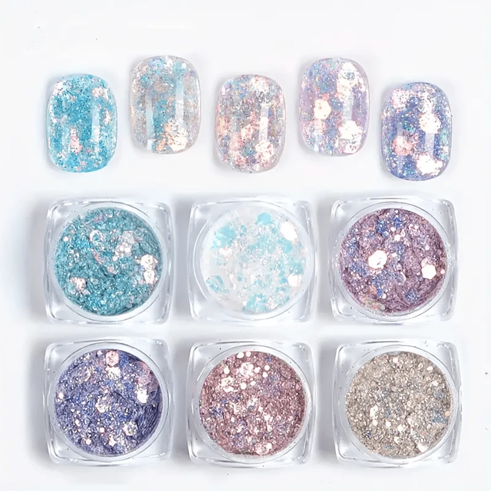 Set de 6 piezas Decoración de arte de uñas con escamas de purpurina de forma asimétrica en colores arcoiris de sirena, accesorios de arte de uñas para mujeres y niñas, que incluye molde de silicona, polvo fosforescente y relleno de resina epoxi, material de bricolaje para joyería