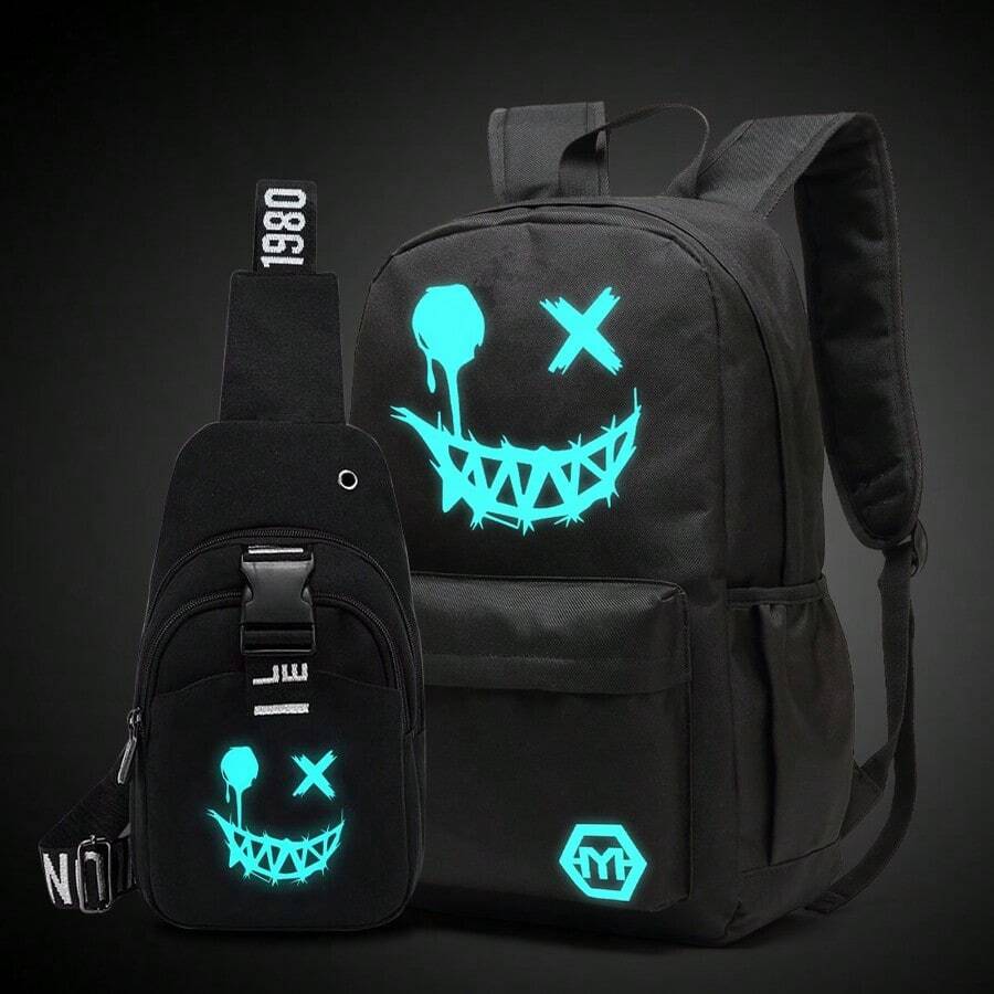 2pcs Fluorescence Night Backpack Set For Men, 2pcs Minimalist Stylish Cartoon Pattern Backpack Set With Chest Pack, Suitable For School, For Men, Boys Men Gifts For Men Student Fall Travel Christmas Winter Gifts Holiday Thanksgiving Large Capacity Multi-Functional Outdoor Portable Fashionable Casual Dad Gifts Boyfriend Gifts Goyard Vacation Funny Gifts Chest Bag For Men Side Bags For Men Satchel Bag Leather Bag Hobo Bag Black Bag Travel Essentials Holiday Essentials Summer Spring
