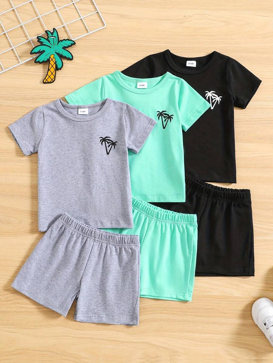 3sets Young Boy Casual Summer Outfits, Coconut Tree Graphic Short Sleeve T-Shirt And Shorts Sets