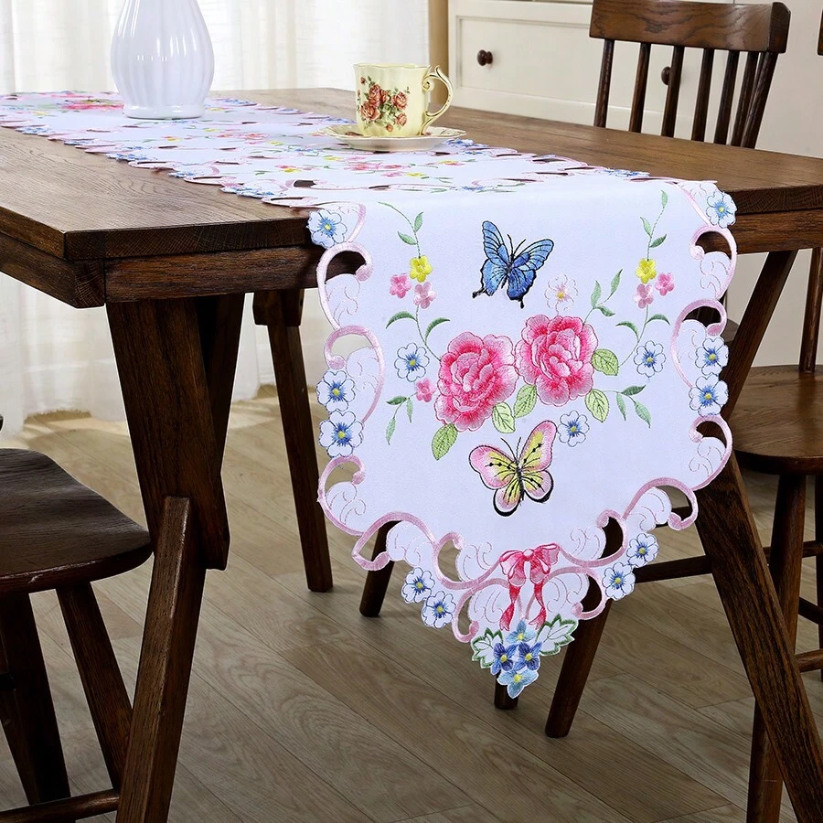 1buc, pereți de masă, husă de masă brodata din dantelă, cârpă de masă din material textil cu design scobit cu flori de fluture, față de masă rezistentă la praf de noptieră TV, decor de cameră, decor pentru masă