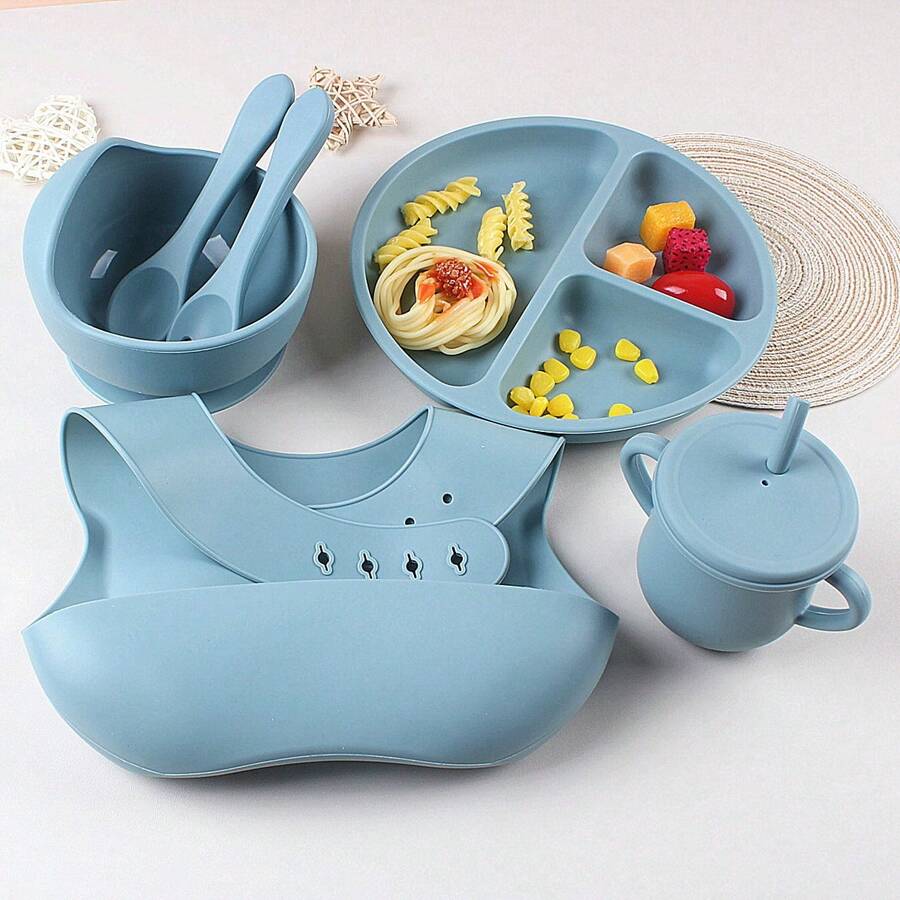 6 Pezzi Set Di Alimentazione Per Neonati In Silicone - Kit Svezzamento Infantile, Posate Per Bambini Piccoli, Tazza Da Transizione Con Cannuccia, Baberos Para Bebe, Ventosa, Bavaglio In Silicone, Ciotola E Utensili