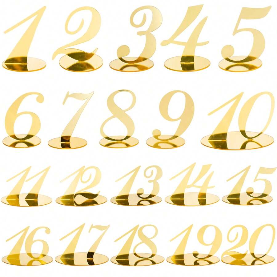 Gouden tafelnummers Gespiegelde tafelnummers voor huwelijksreceptie, acryl tafelnummers 1-20 met houderbasis voor huwelijksfeest evenement tafeldecoraties, huwelijksdecoratie, woondecoratie, kamerdecoratie feestgunsten bruid