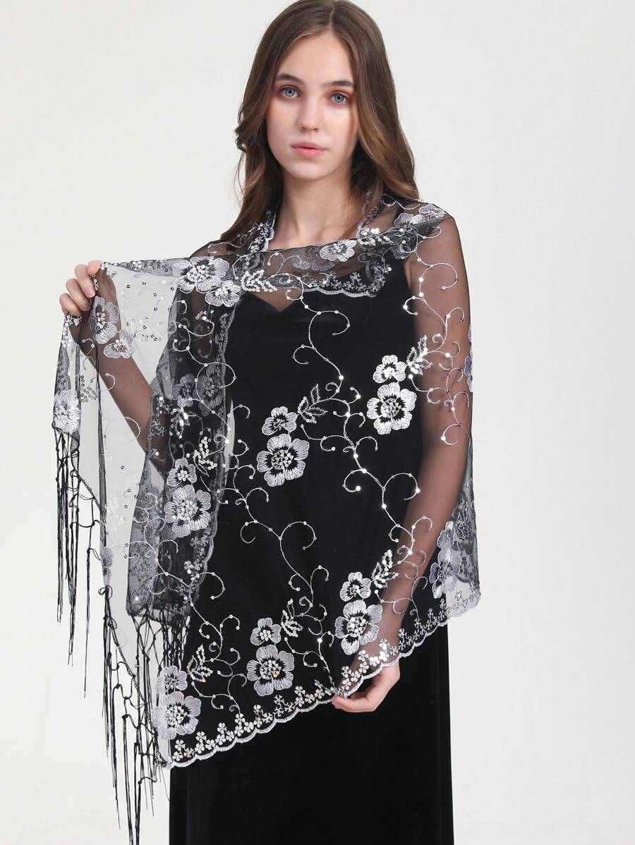 Boho 1pc Lace Floral Embroidery Shawl, Elegant & Heavy-Duty, Perfect For Prom, Sequin Scarf, Handmade Tassel Scarf, Simple & Stylish Party Dress Scarf Halloween