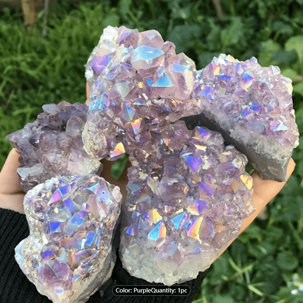 1PC Natural Amethyst Cluster Electroplating Aura Quartz Crystal Cluster Angel Aura Purple Crystal Clusters For Gift