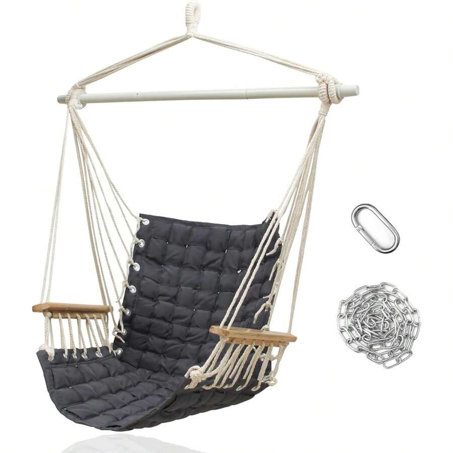 Hammock Chair Hanging Swing With Wooden Armrests;Steel Spreader Bar And Anti-Slip Rings;Cotton Woven Fabric;Up To 300 Lbs For Bedroom,Patio,Porch,Deck-Indoor Outdoor Grey
