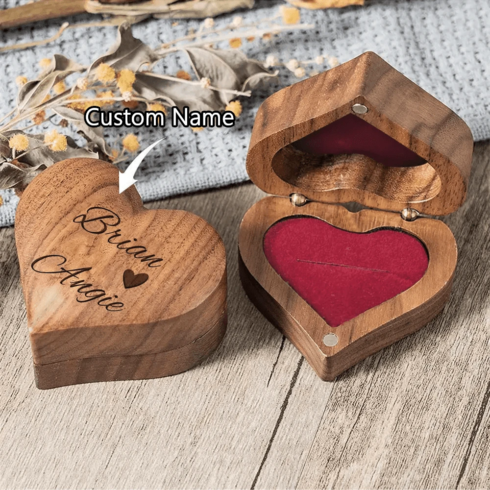 1pc Custom Wedding Ring Box, Engraved Wooden Heart Shaped Ring Box With Couple's Names, Personalized Ring Storage Box, Engagement Ring Holder Jewelry Box For Wedding Proposal Romantic Custom Gift - Red
