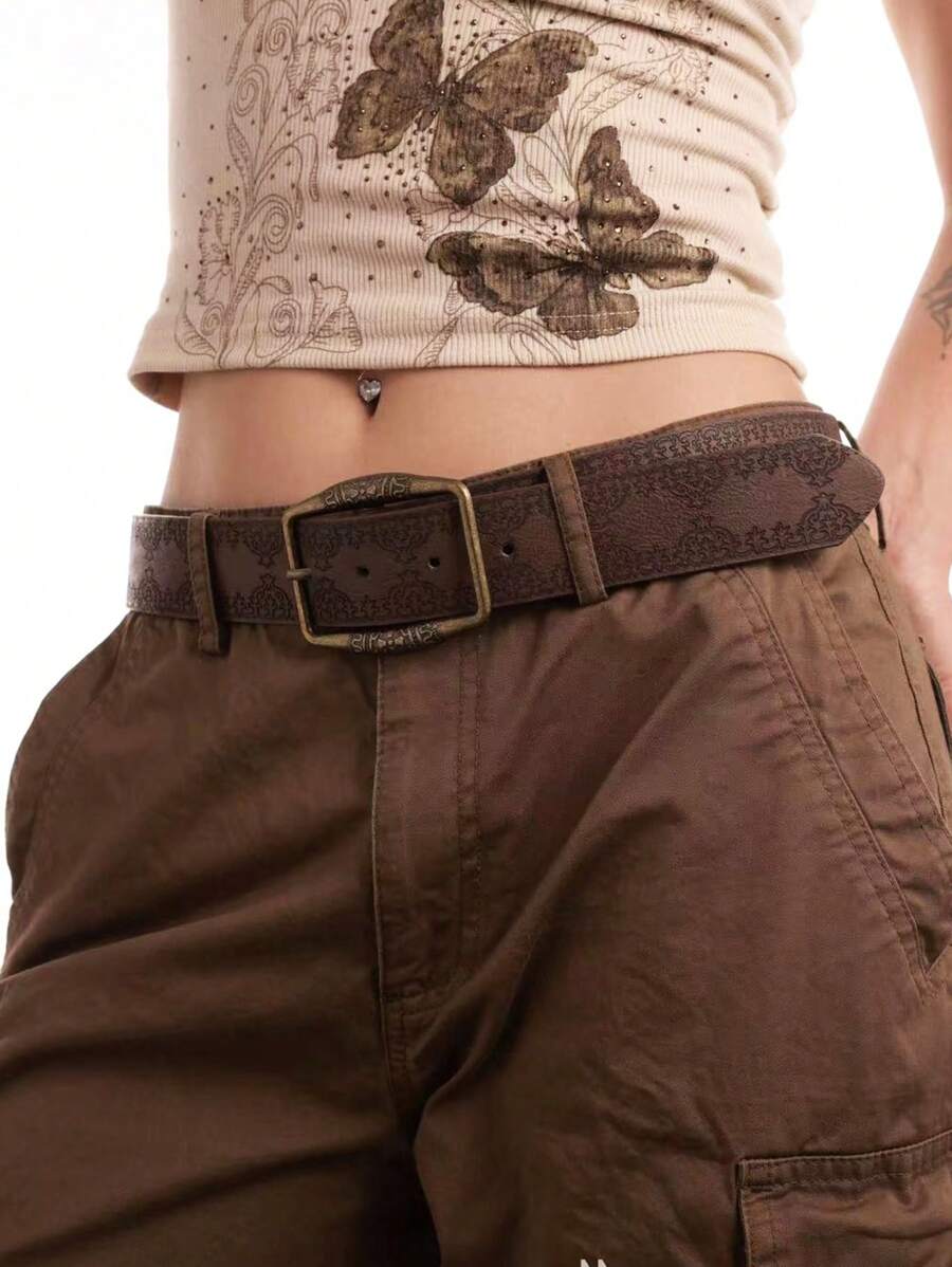 Vintage Artsy Distressed Texture Printed Brown Belt With Antique Bronze Pressed Flowers Buckle, Versatile Summer, School