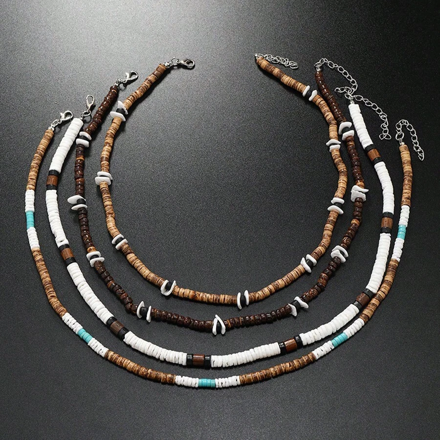 Conjunto de 4 piezas de collar de estilo bohemio de playa con conchas de coco y mar, adecuado para uso diario de hombres