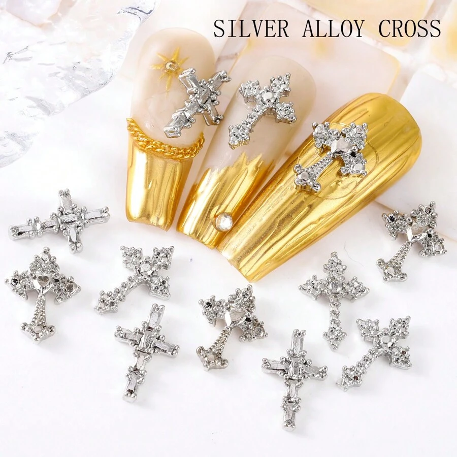 60pcs Classic European And American Style Luxury Metal Cross Pendants + 3 Styles Of Silver Y2K Vintage Style Cross Nail Jewelry For Dark Gothic Fake Nails Decor Set DIY Nail Charms Nail Gems Nail Supplies Punk Nail Art
