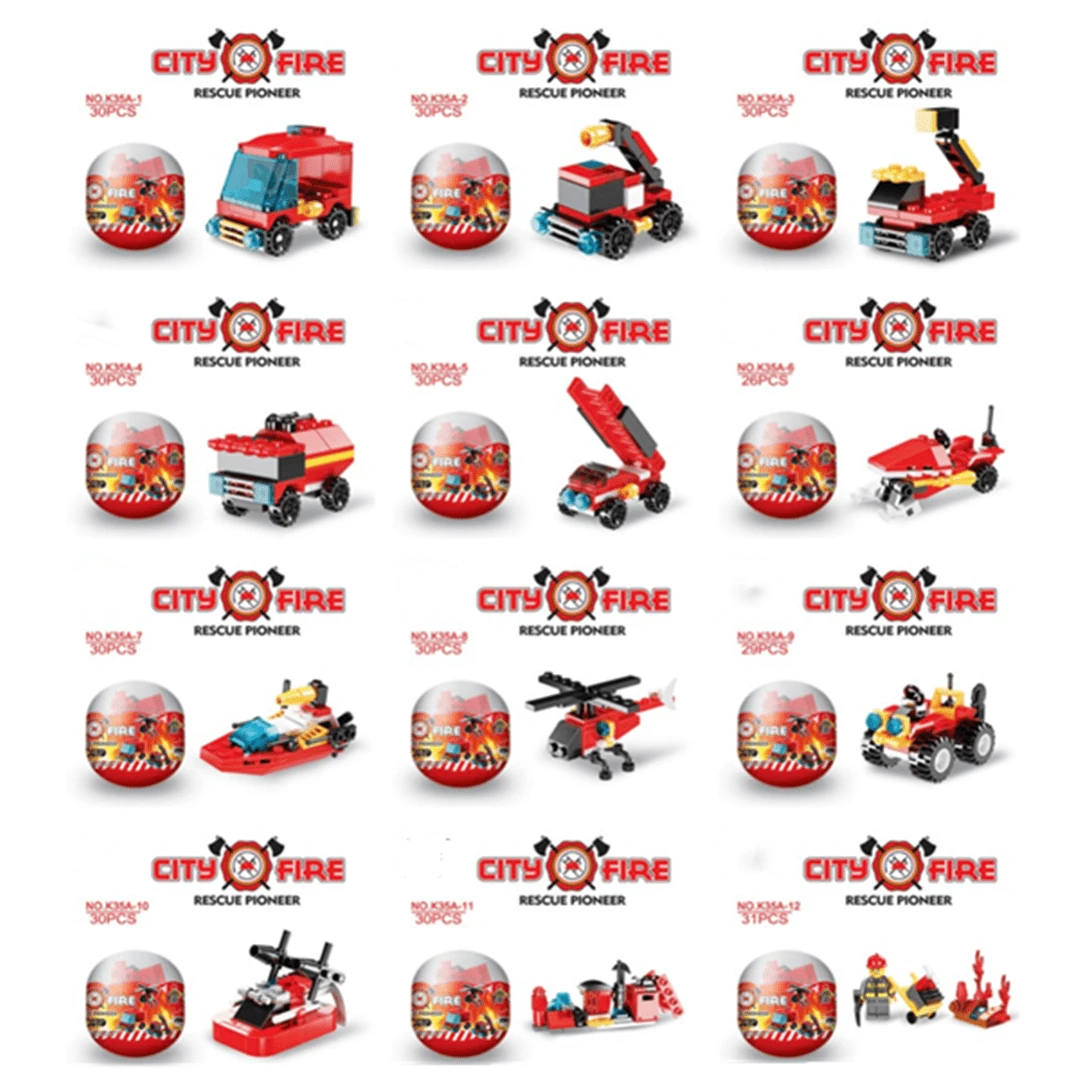 12/24PCS Fire Truck Building Blocks Surprise Egg Toys, Collecatble And Fun Interlocking Construction Toy For Easter Party Gift Exchange, Student Reward Points Gifts Room Decoration