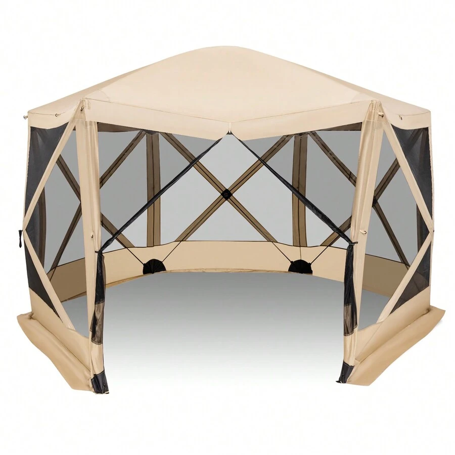 Coffee/Green- 11.5 X 11.5 Ft 6-Sided Pop-Up Canopy Screen Tent With Mesh Walls, 2 Detachable Wind Panels, Zippered Door, Carry Bag, Stakes, And Ropes For Camping, Backyard, And Beach Shade Shelter