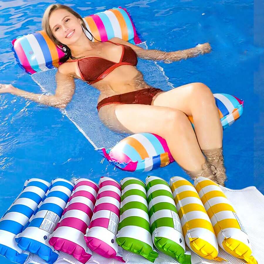 1pc Inflatable Floating Bed Pool Float With Folding Backrest Multi-Functional Lounger Hammock, Beach Essentials, Beach Accessories