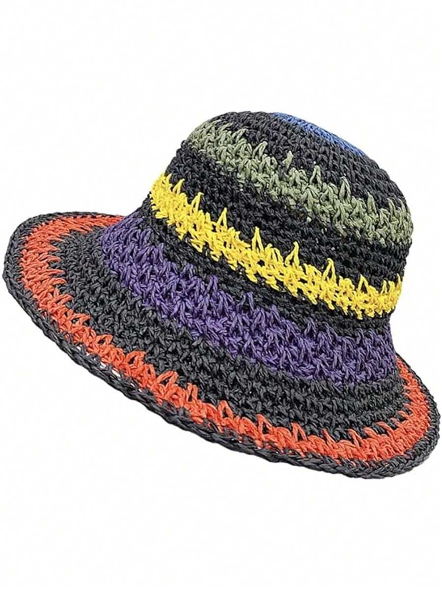 1pc New Korean Style Multicolor Foldable Sun Crochet Hat For Beach, Travel And Vacation Boho