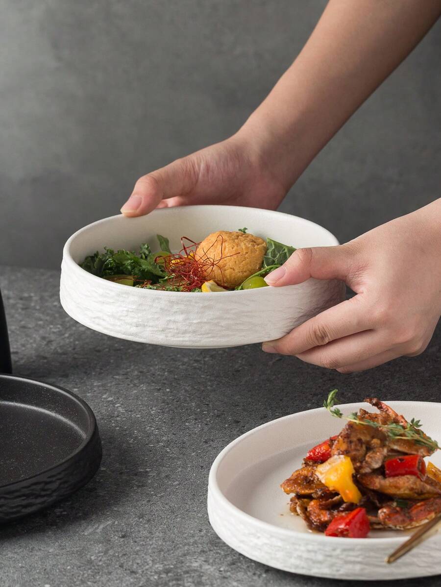 1pc 7-Inch Ceramic Plate With White Japanese Style Rock Pattern, For Salad, Soup And Restaurant,Kitchen,Christmas Gift