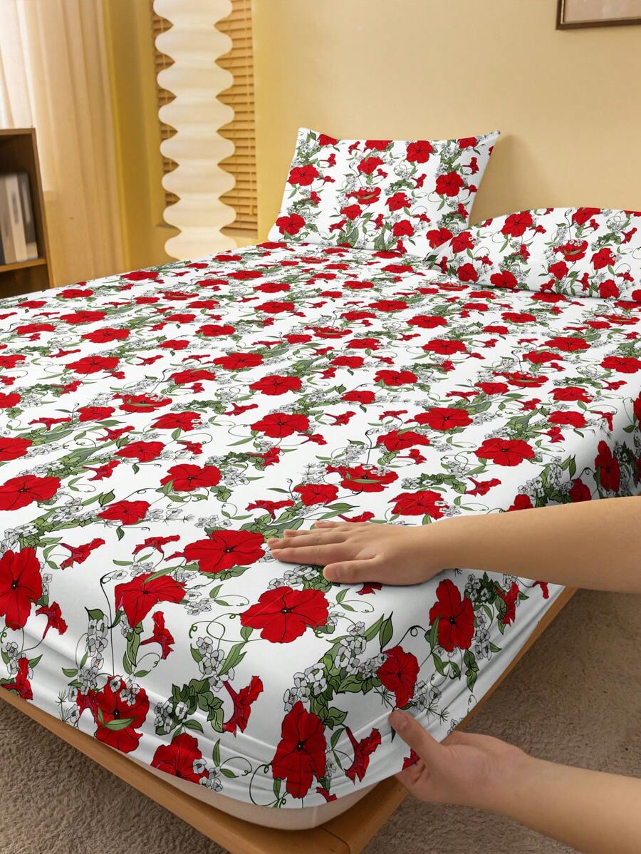 1pc Red Floral Vine Printed Brushed Fitted Sheet, Printed Bed Cover For Bedroom (Pillowcases Not Included)
