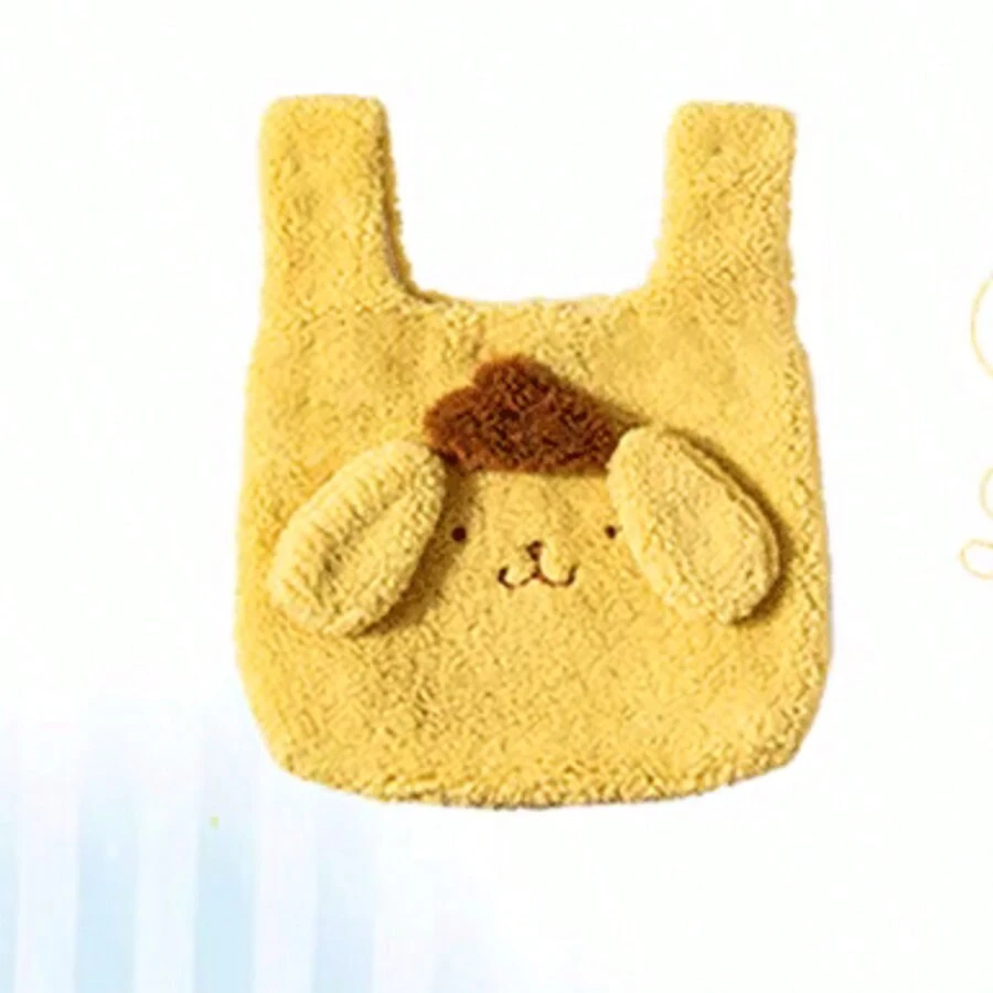 Miniso Torba na zakupy Sanrio Pompompurin ze sztucznego futra jagnięcego, uroczy nadruk z kreskówek i puszysta faktura, składana konstrukcja ułatwiająca przechowywanie, odpowiednia do zakupów w supermarkecie, noszenia prezentów i wycieczek w stylu kawaii (1 szt.)