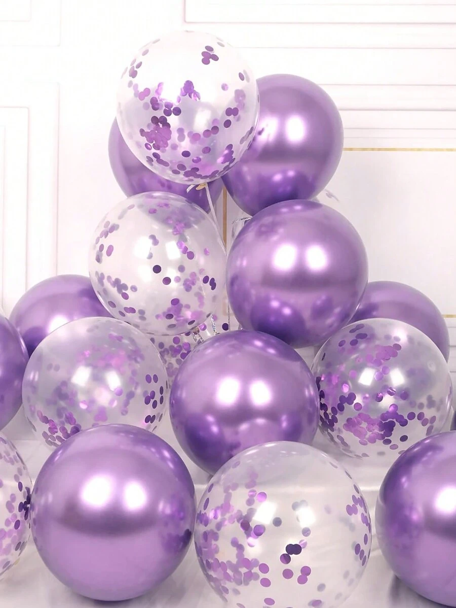 32pcs AULE Party Balloons Set Of 30 - Metallic Purple Balloons, Purple Confetti Balloons & 2 Ribbons - 12 Inch Purple Balloons Decoration Kit