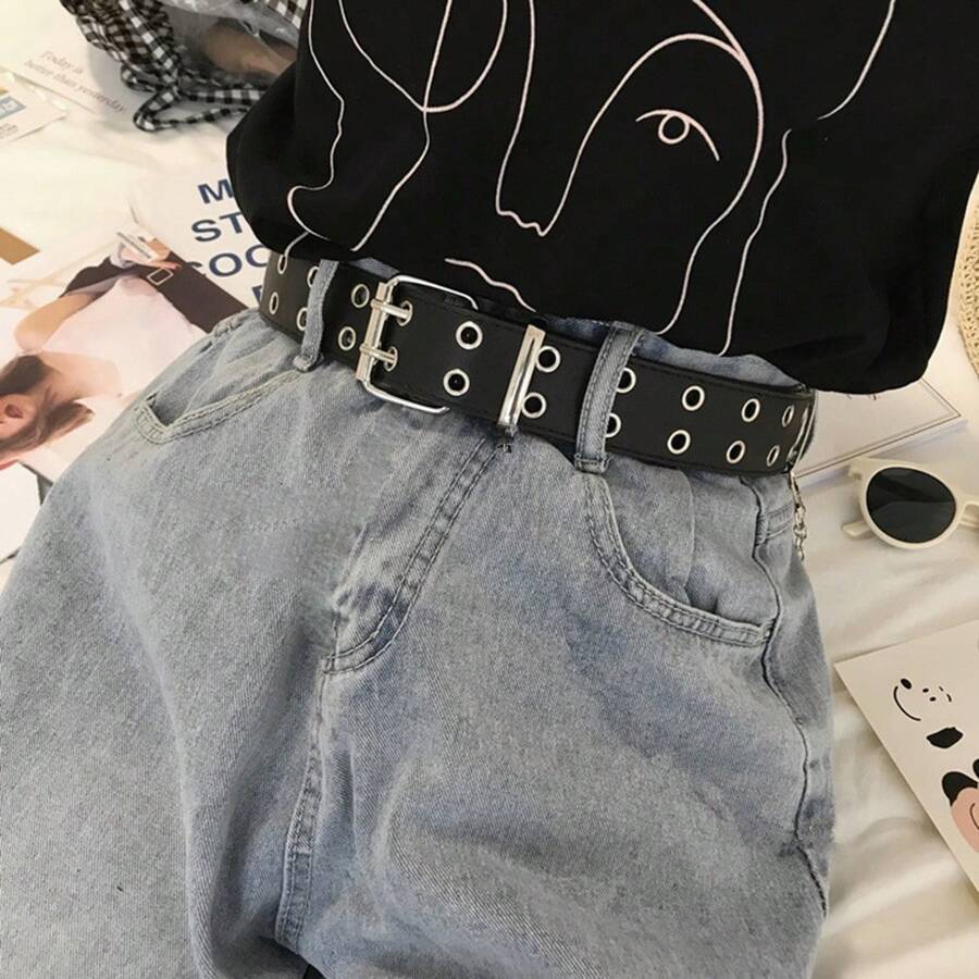 1pc Women's Black Y2K Style Double Row Hole Belt With Eyelets, Suitable For Jeans Decoration, And Unique Design, Perfect For Everyday Wear