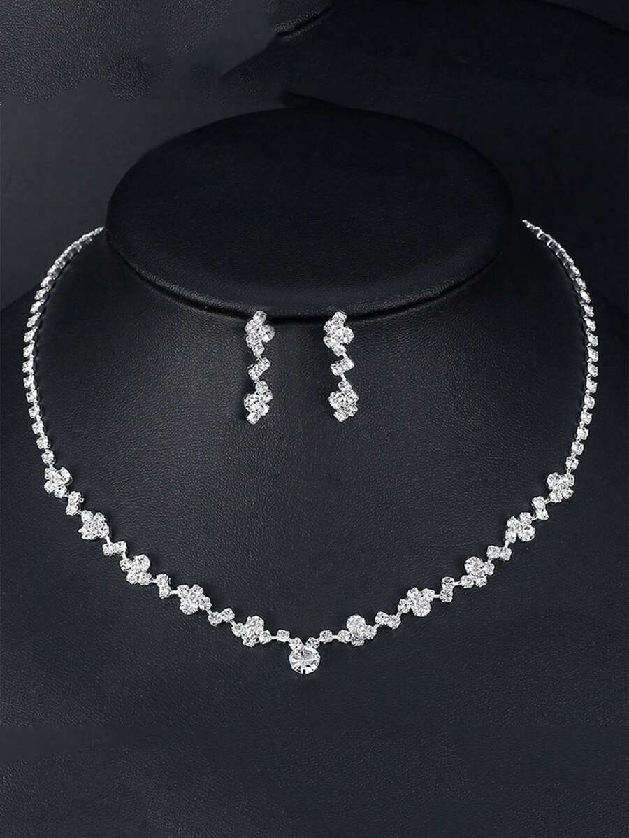 Conjunto de 3 piezas de collar con brillantes de pedrería elegante y aretes, joyería de novia y accesorios para vestidos de boda de mujer